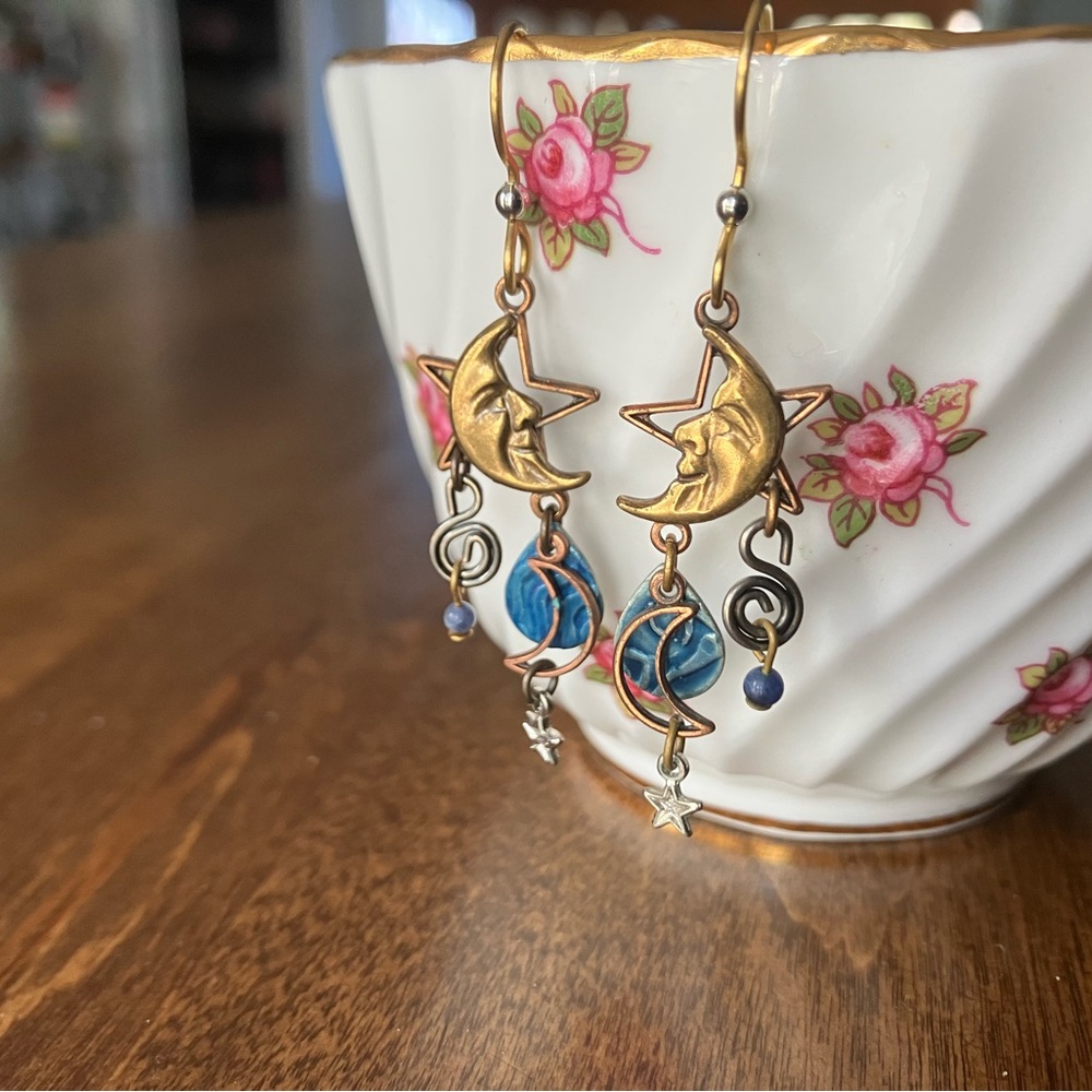 Vintage Gold and Blue Moon Dangle Earrings-BOGO Jewelry Sale